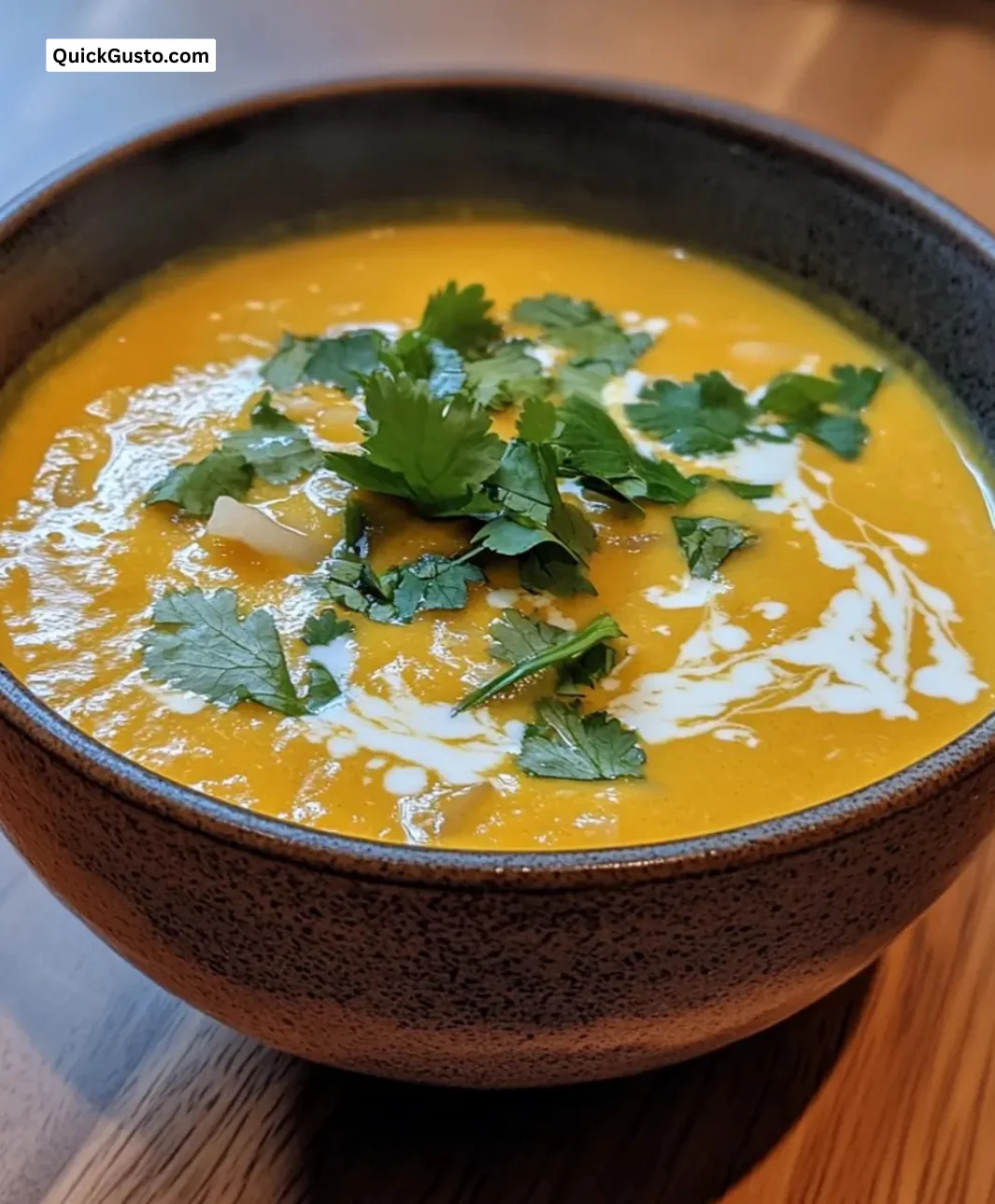 Bowl of creamy Thai coconut pumpkin soup garnished with herbs