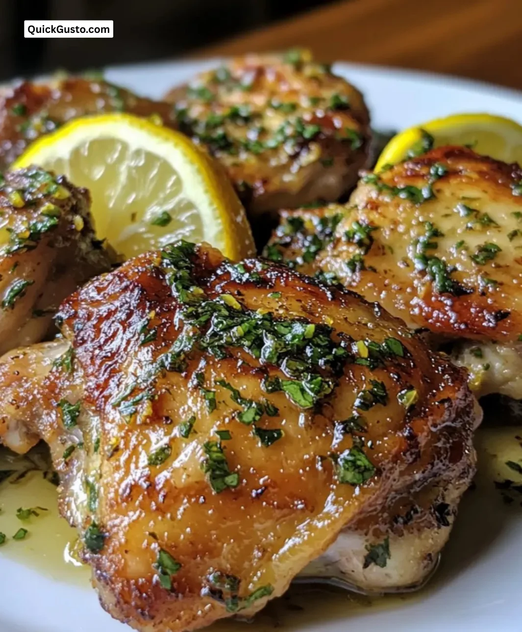 Crispy lemon garlic chicken thighs garnished with herbs and lemon slices.