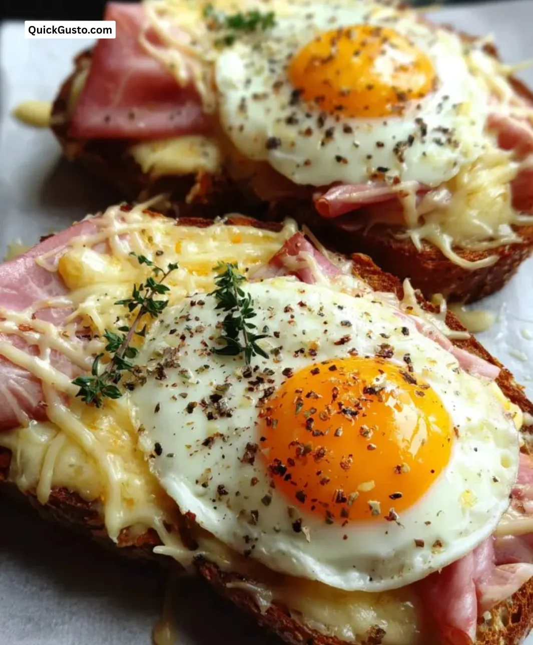 Delicious Croque Madame Toast topped with a fried egg and oozing cheese.