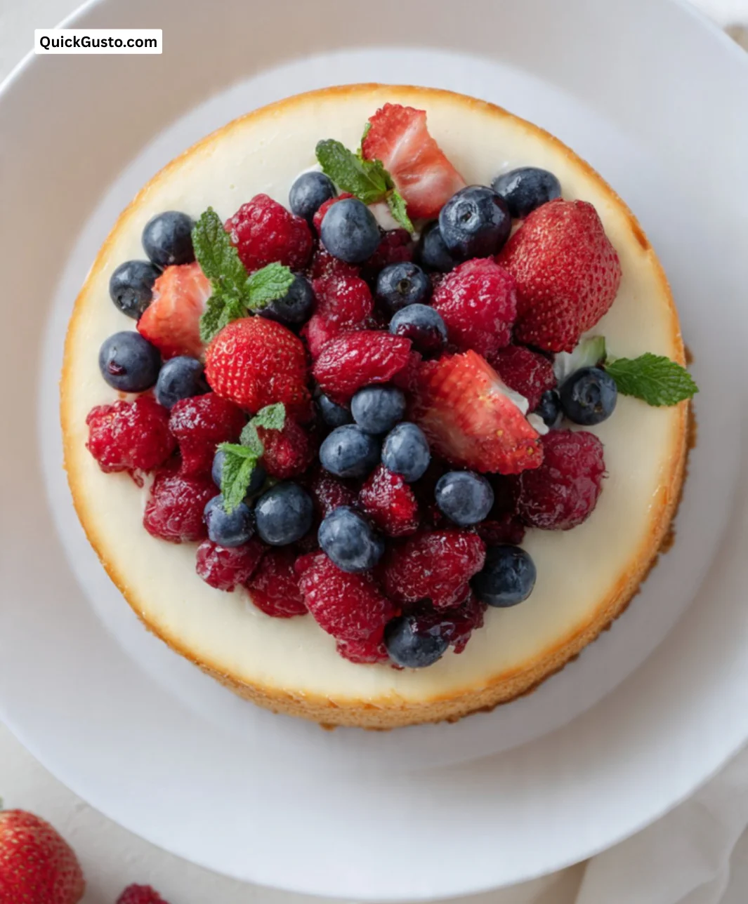 Decadent almond cheesecake topped with fresh mixed berries on a plate.