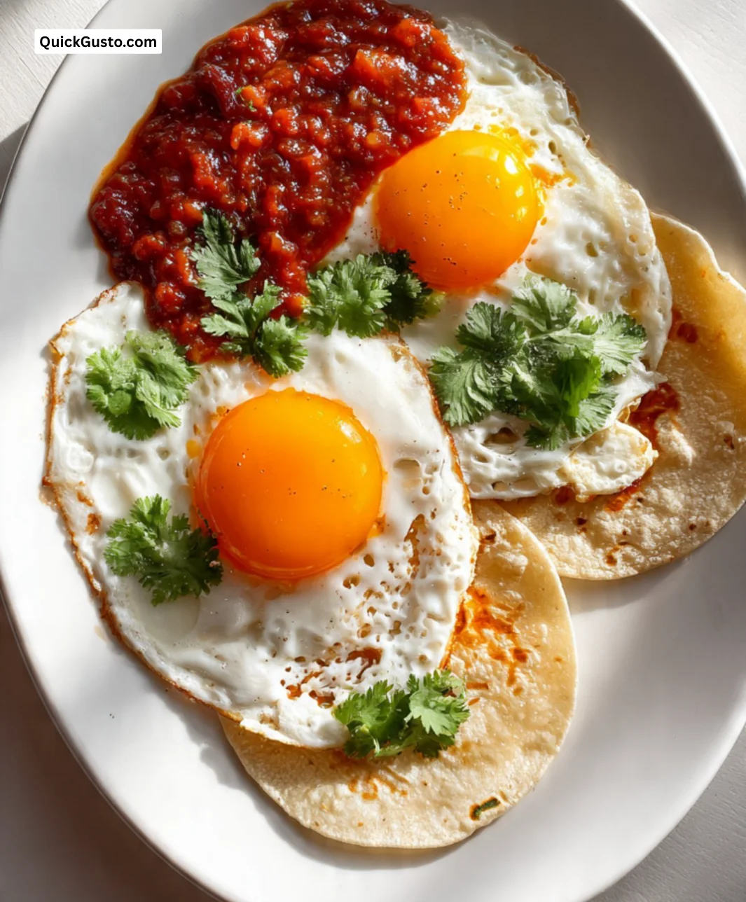 Delicious divorced eggs served with sauces on a plate.