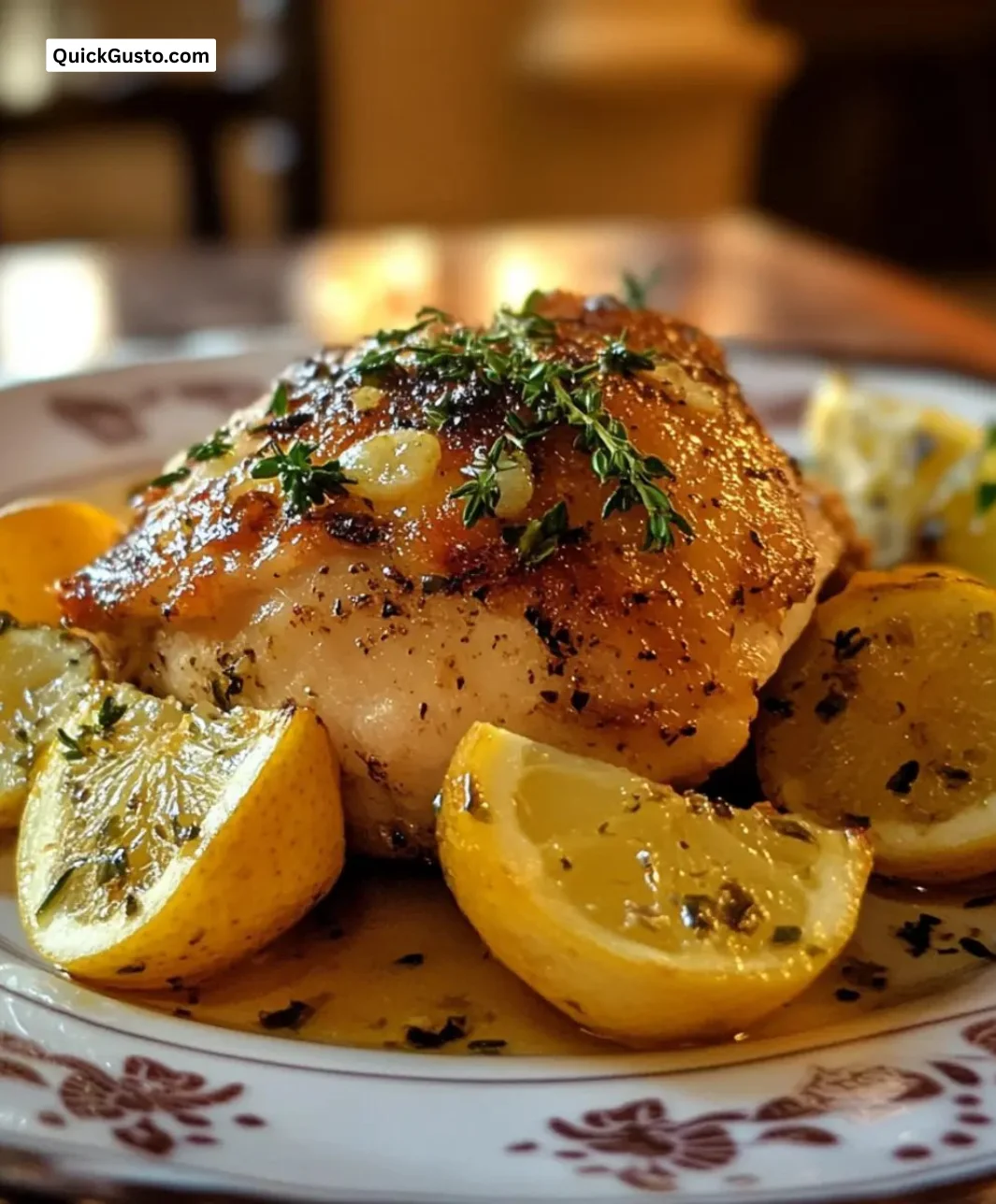 Easter Citrus Thyme Chicken Thigh Roast garnished with fresh herbs and citrus slices.