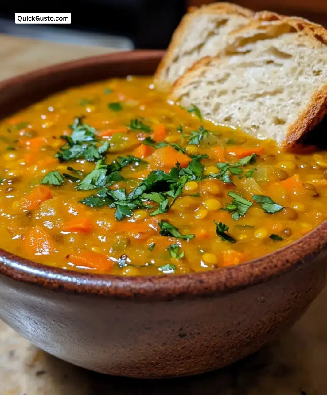 Bowl of easy curried carrot lentil soup garnished with fresh herbs