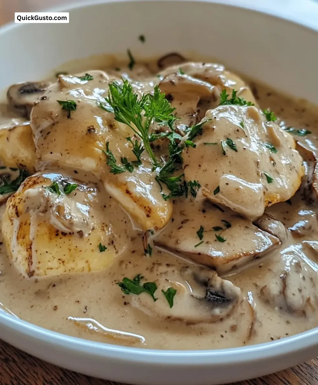 Creamy Mushroom Stroganoff served on a plate with Easter egg decorations.