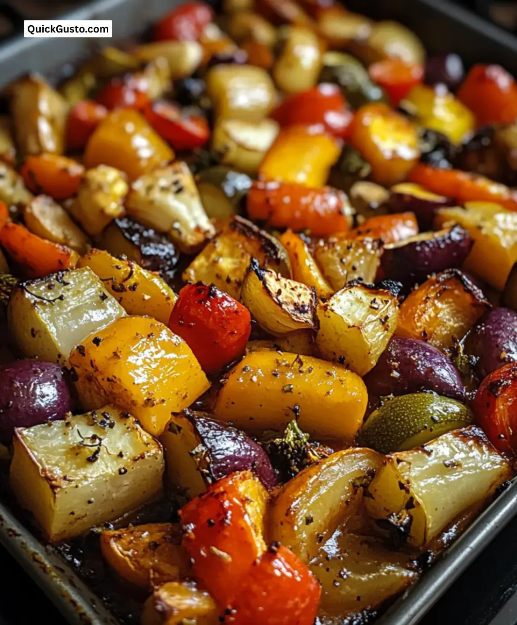 Miso glazed vegetable traybake with colorful seasonal vegetables for Easter.