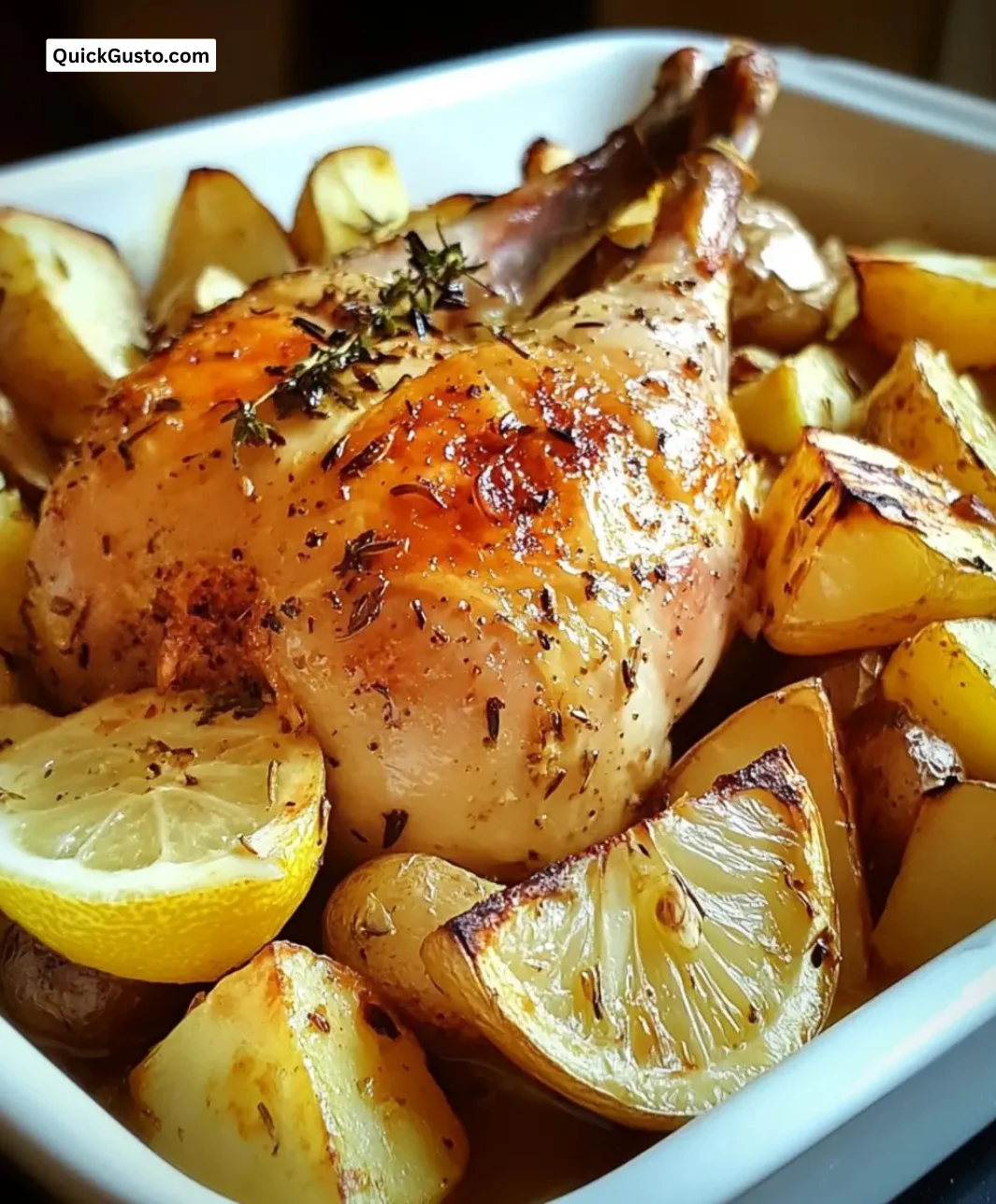 Delicious Greek Lemon Garlic Roast Chicken served with potatoes.