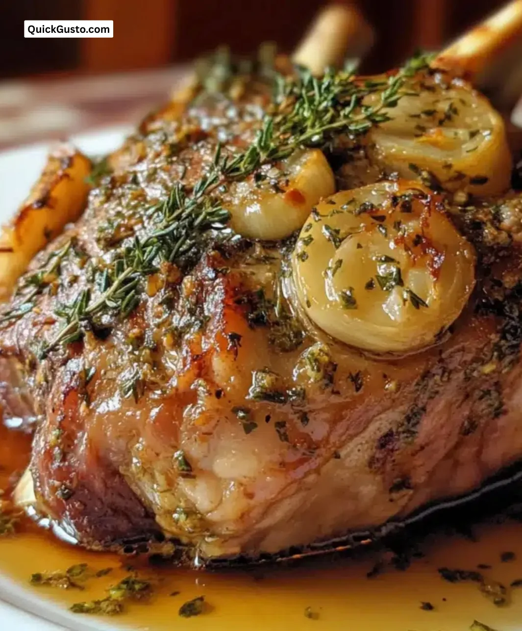 Herb-Roasted Leg of Lamb served with Garlic Jus for Easter dinner