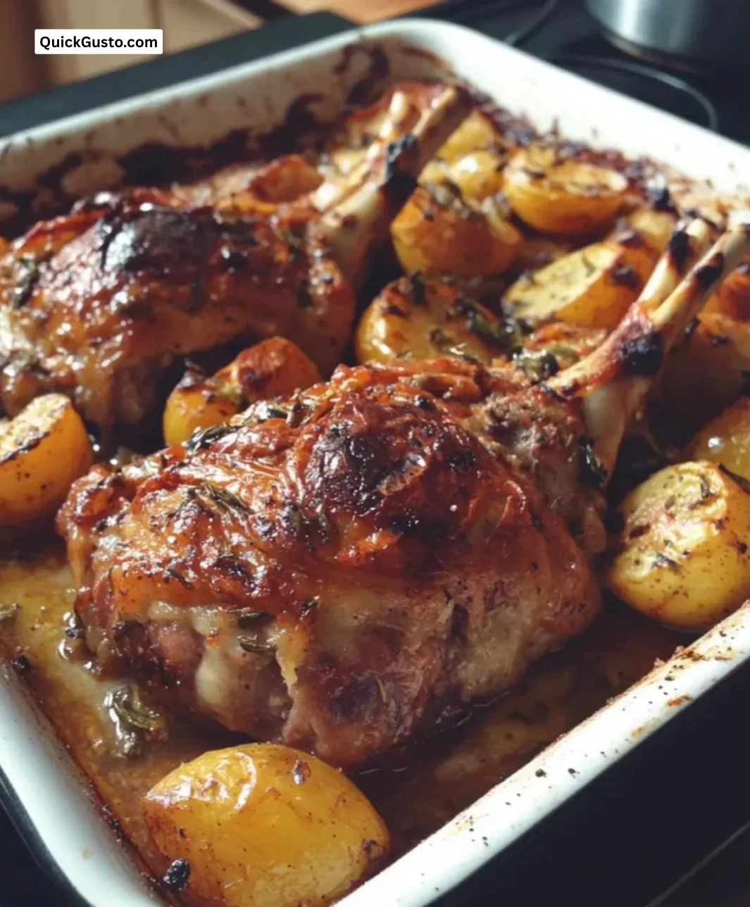 Easy Honey-Mustard Easter Lamb Tray Bake with fresh herbs and vegetables.