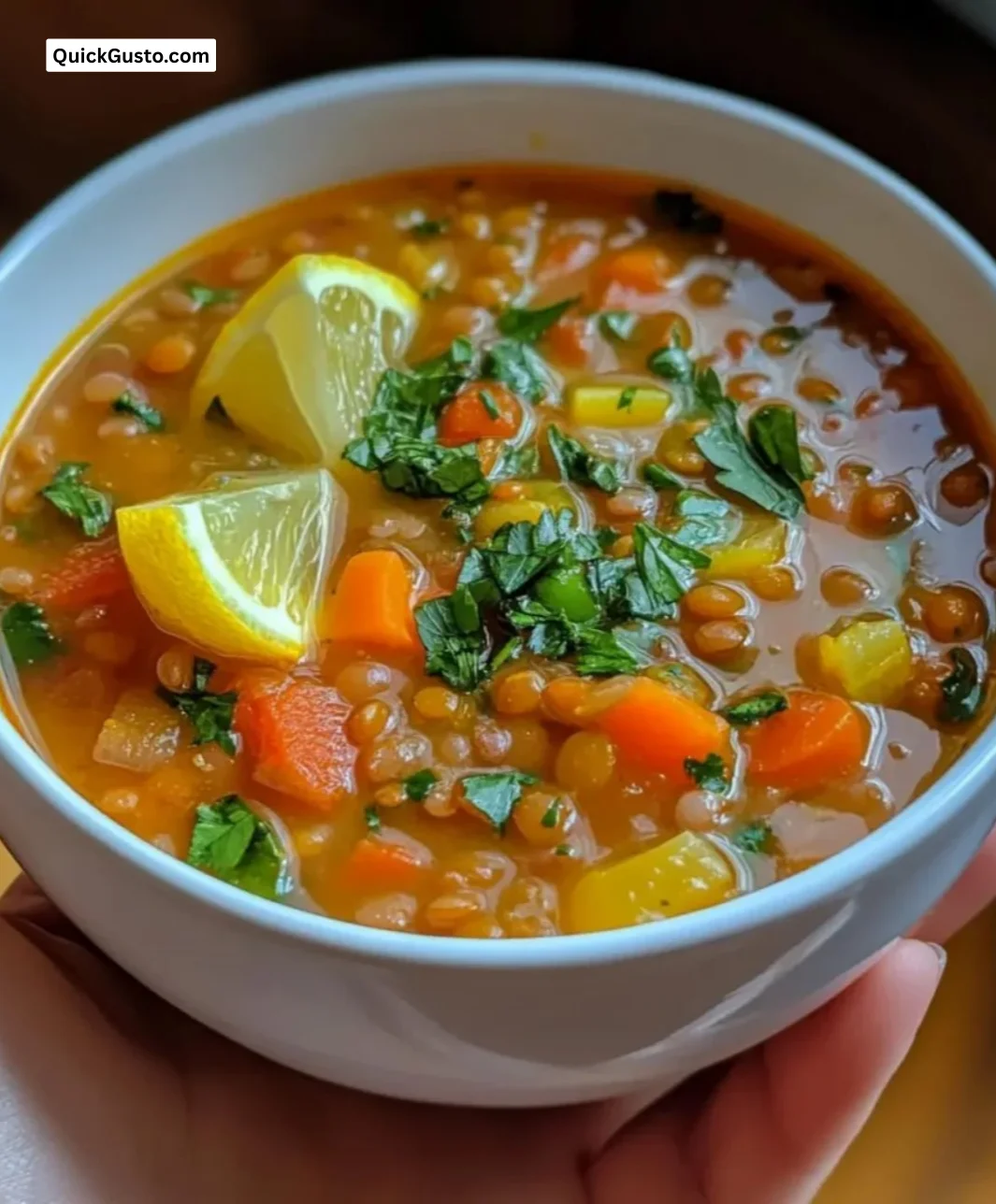 A bowl of easy Instant Pot lemon lentil vegetable soup garnished with herbs.