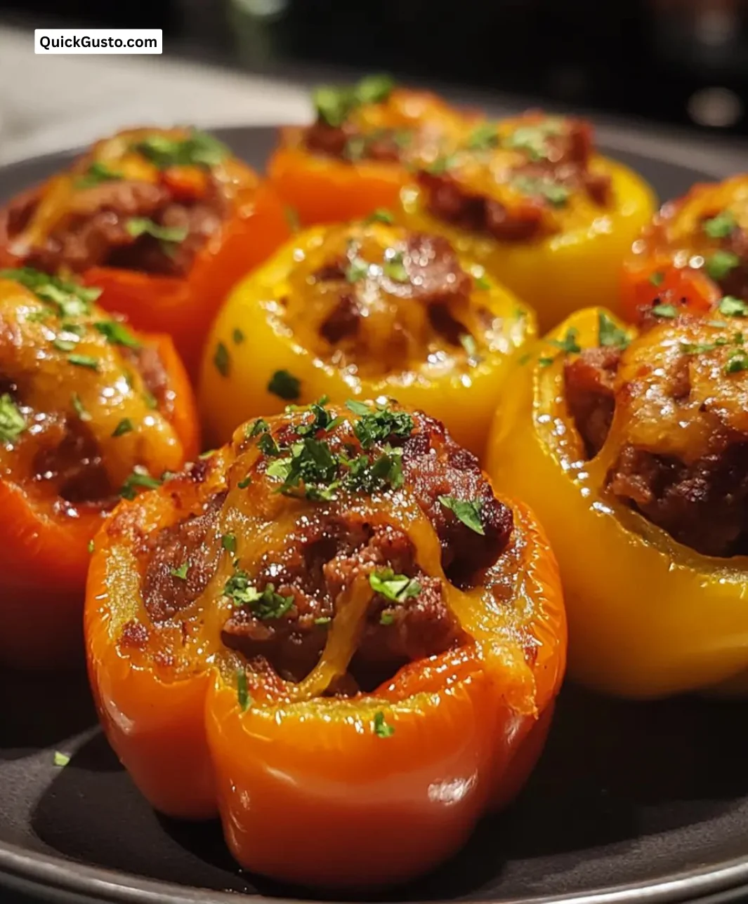 Juicy beef stuffed mini bell peppers served on a plate