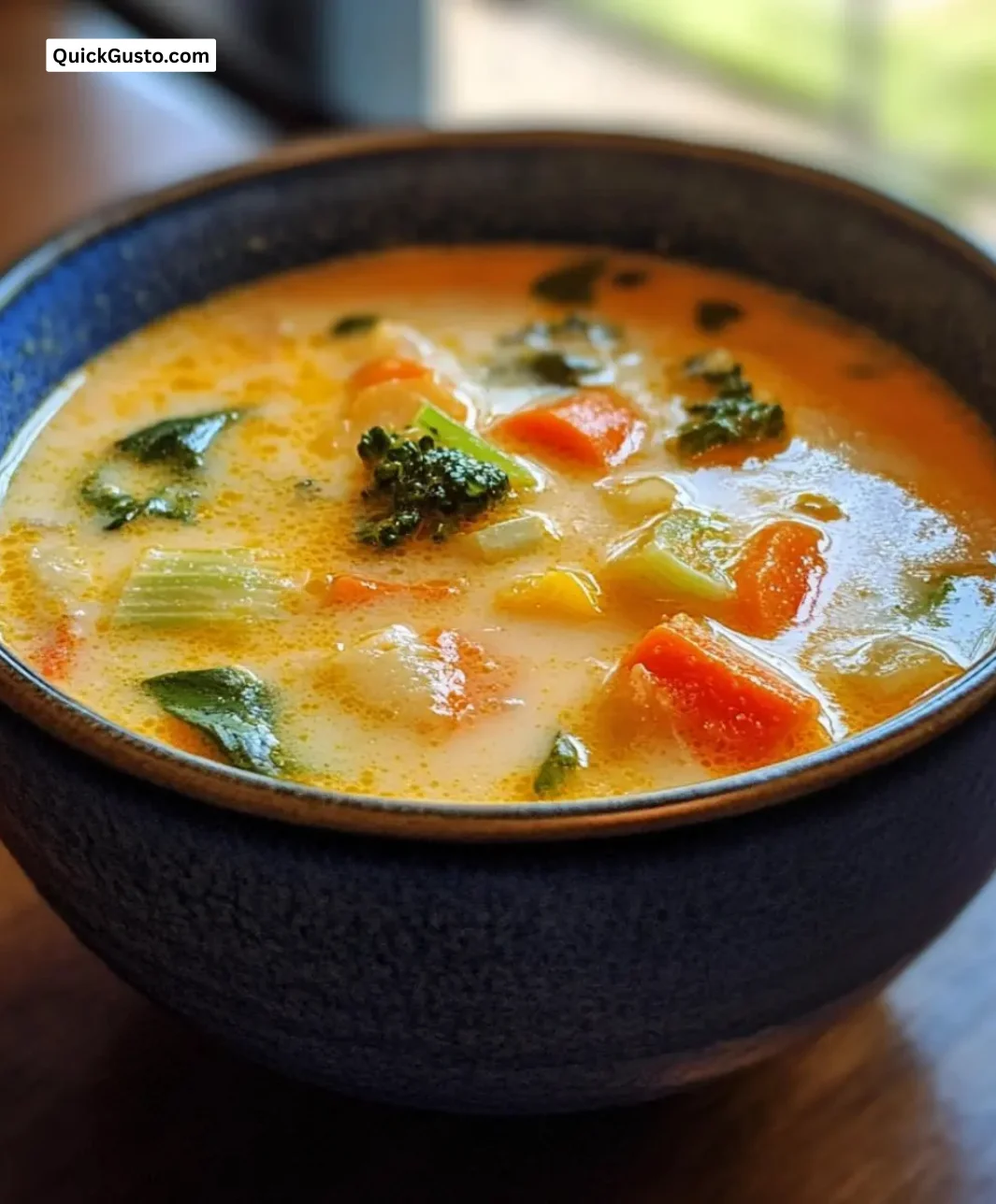 Bowl of easy lemongrass coconut vegetable soup garnished with fresh herbs