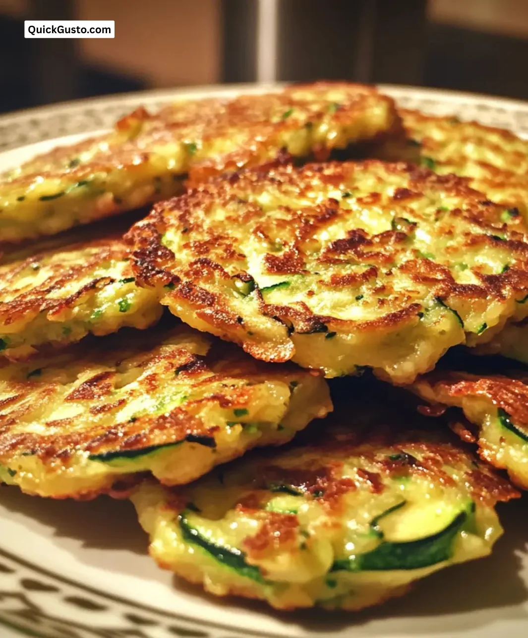 Plate of crispy Mediterranean zucchini fritters garnished with herbs.