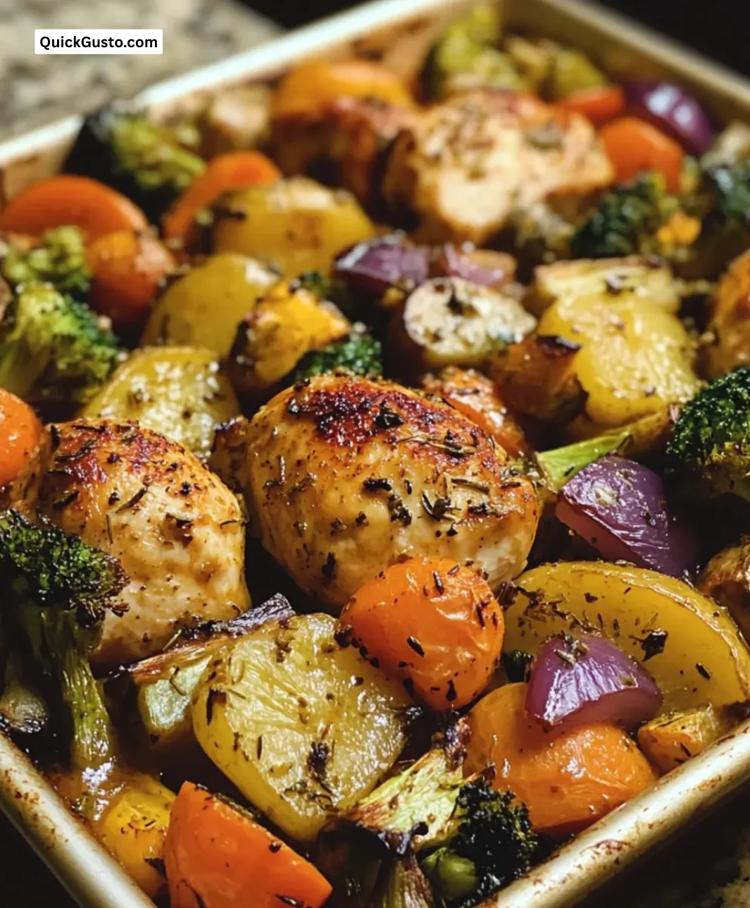 Easy one pan chicken veggie bake with colorful vegetables and tender chicken