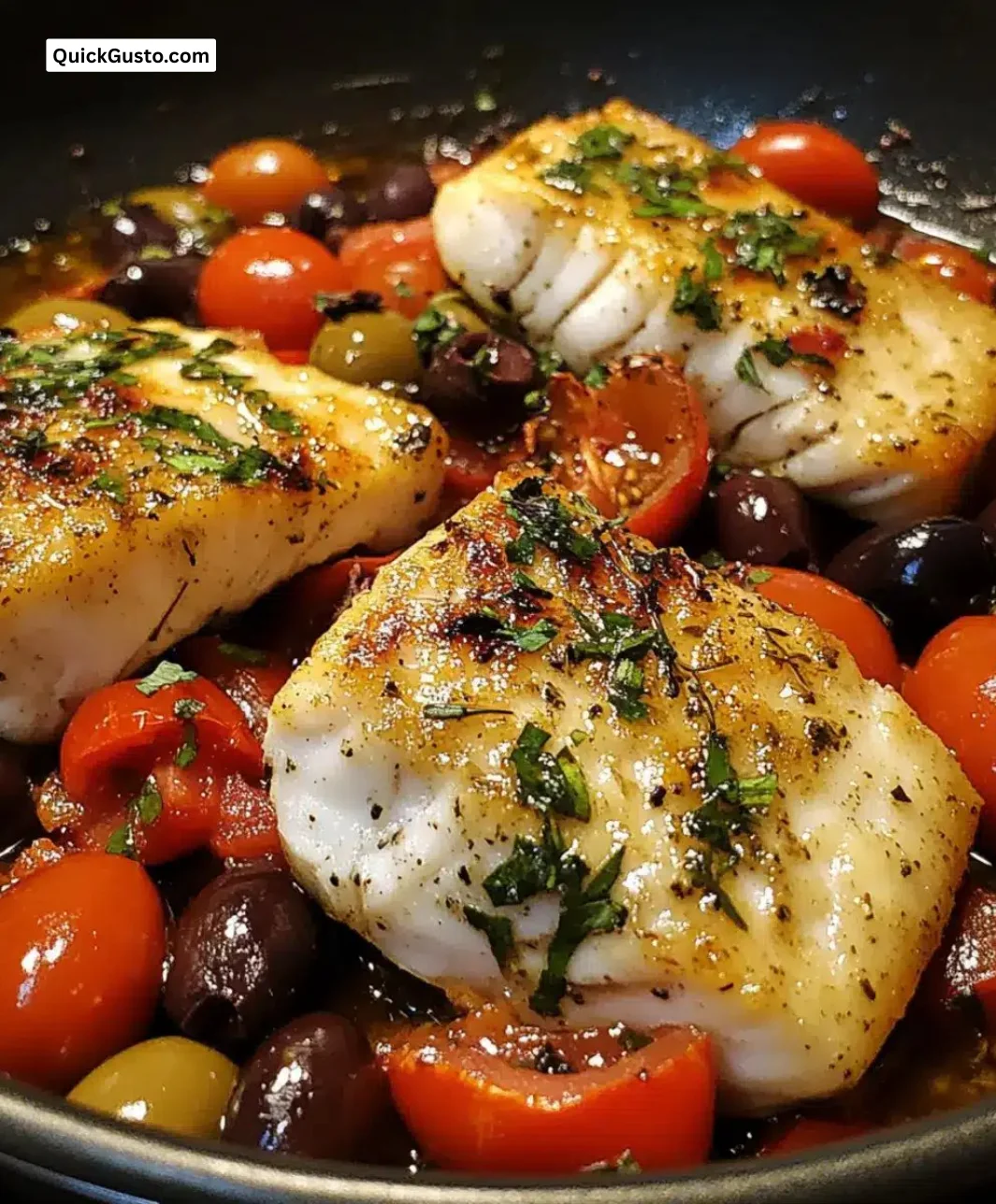 Easy One-Pan Mediterranean Cod with Olives and Tomatoes dish ready to serve
