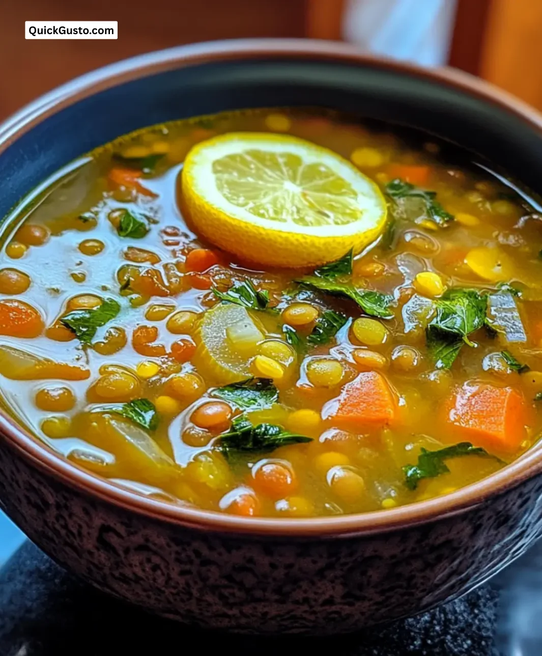 Bowl of Easy Spring Lemon Lentil Soup garnished with fresh herbs and lemon slices.