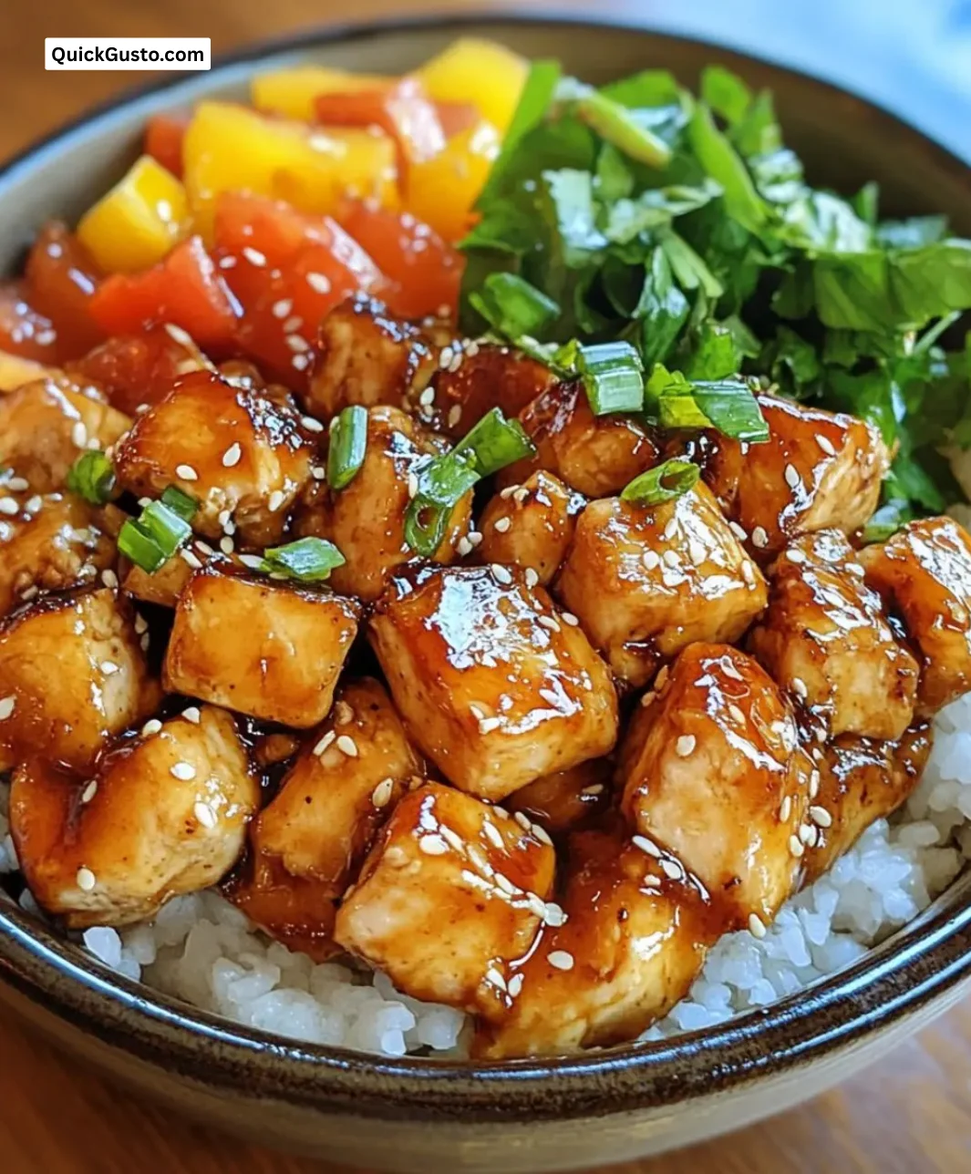 Delicious easy teriyaki chicken bowl with vegetables and rice.
