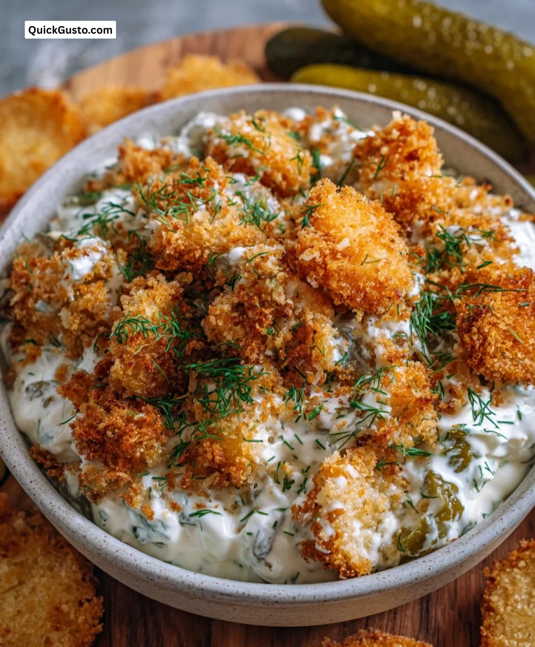 Bowl of Fried Pickle Ranch Dip with fresh vegetables for dipping