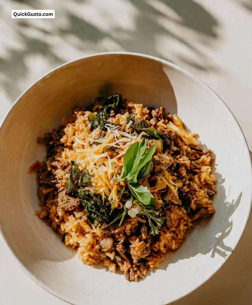 Delicious fried rice with beef, pickled mustard greens, and melted cheese