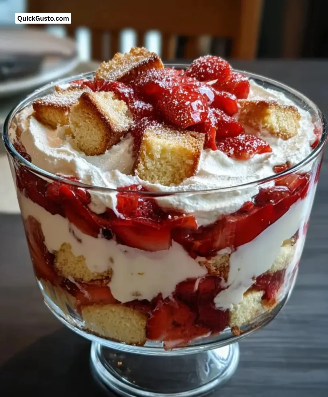 Galentines strawberry shortcake trifle with layers of strawberries and cream