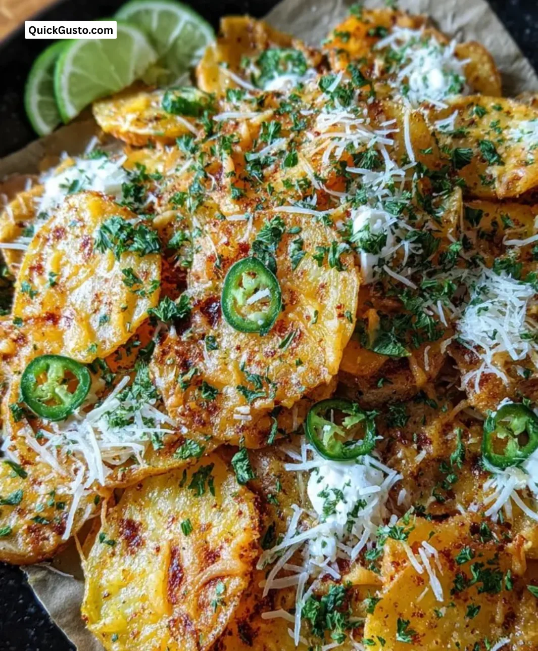Delicious Garlic Parmesan Potato Nachos topped with cheese and herbs