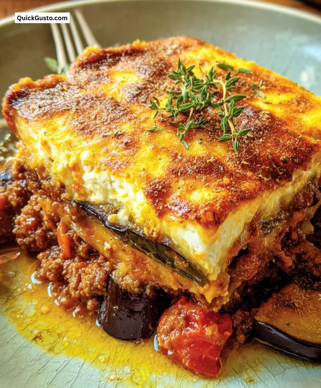 Delicious Greek Eggplant Lasagna garnished with fresh herbs