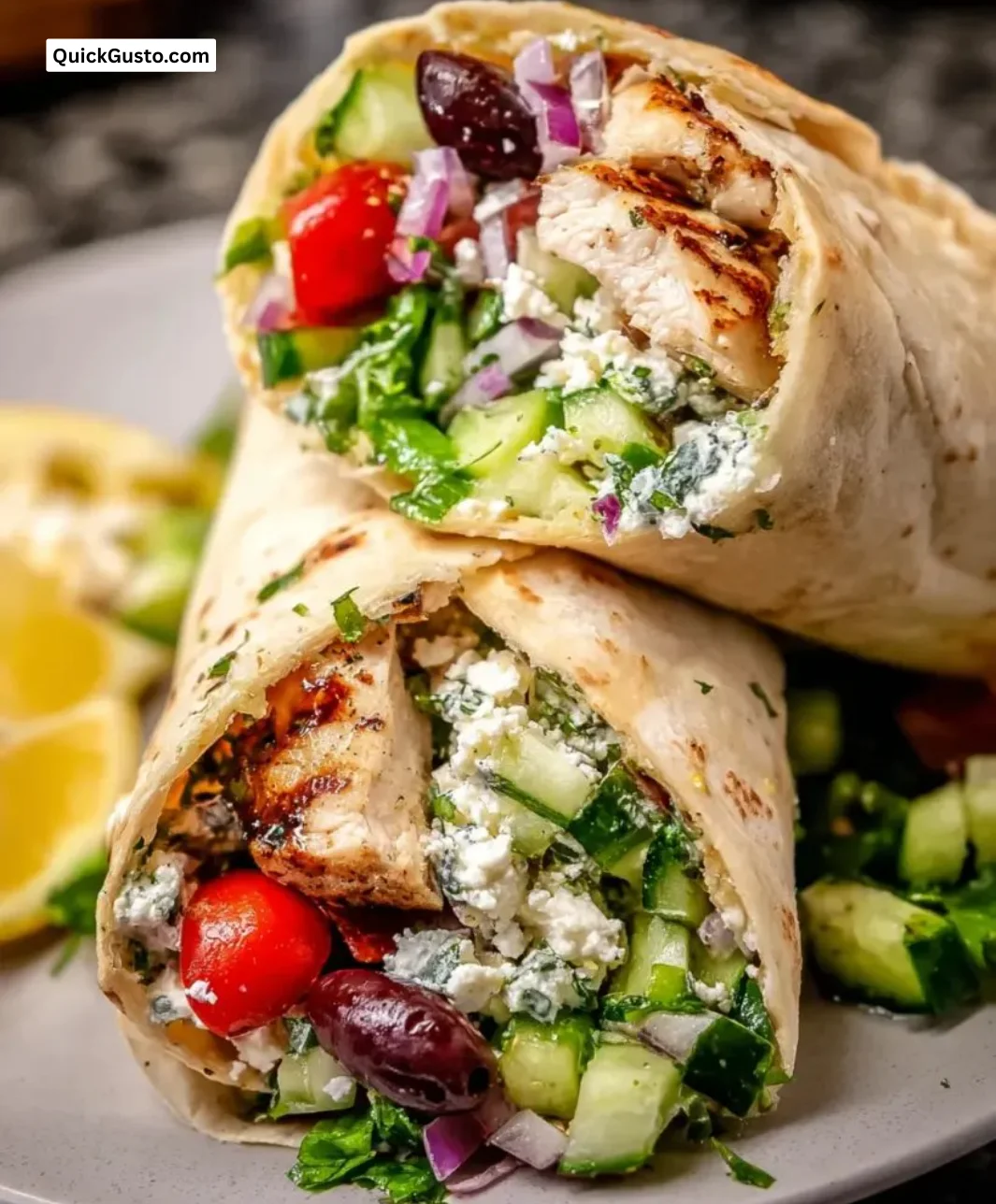 Greek Lemon Chicken Wrap with fresh vegetables and tangy dressing