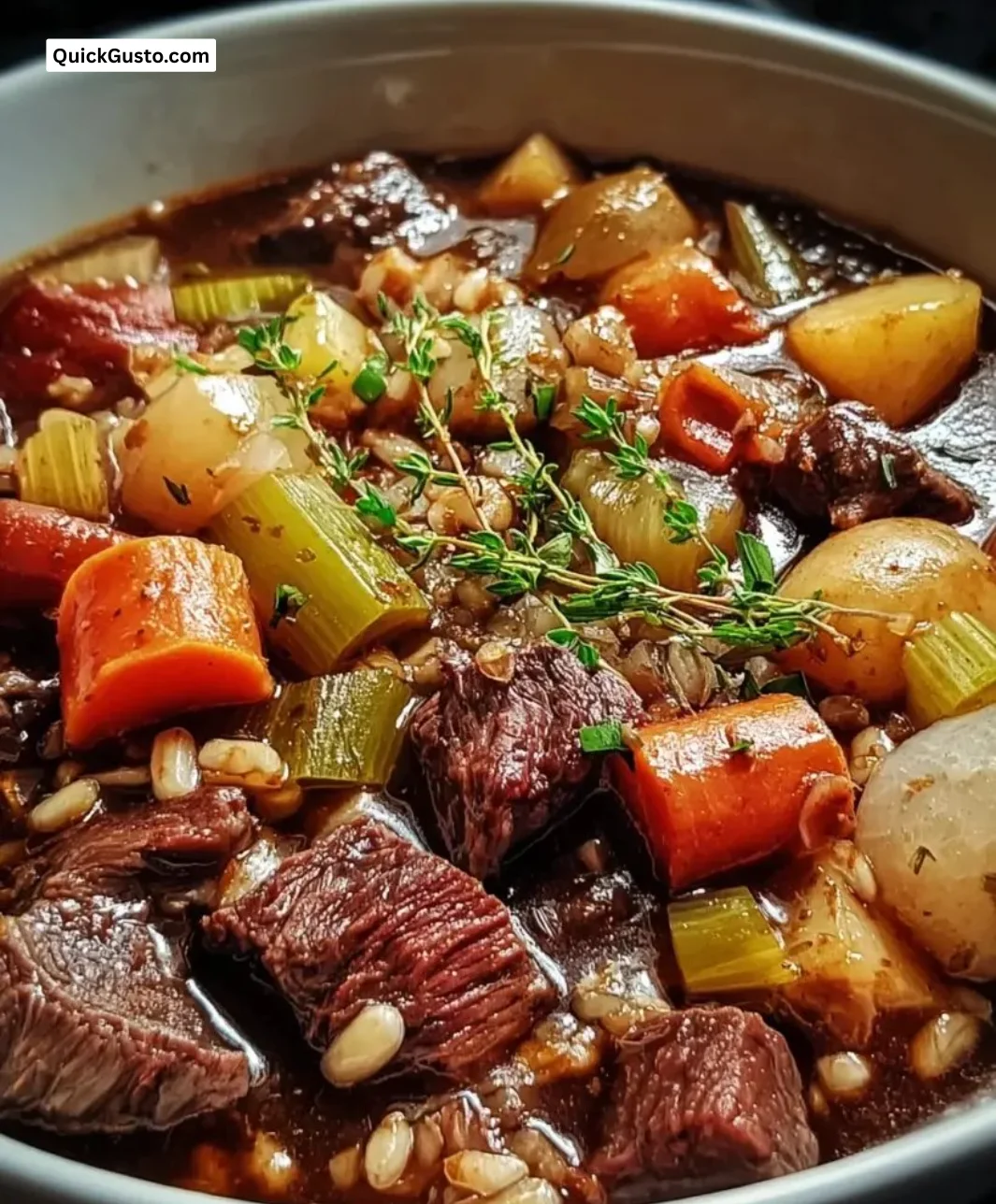 Delicious Guinness Beef Barley Stew with tender beef and barley grains