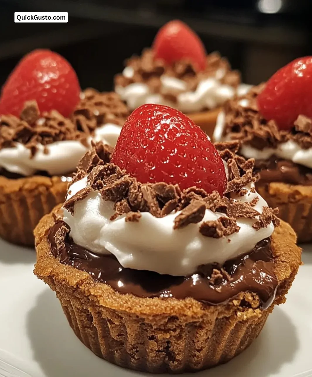 Indulgent chocolate pudding cookie cups in a decorative serving dish.