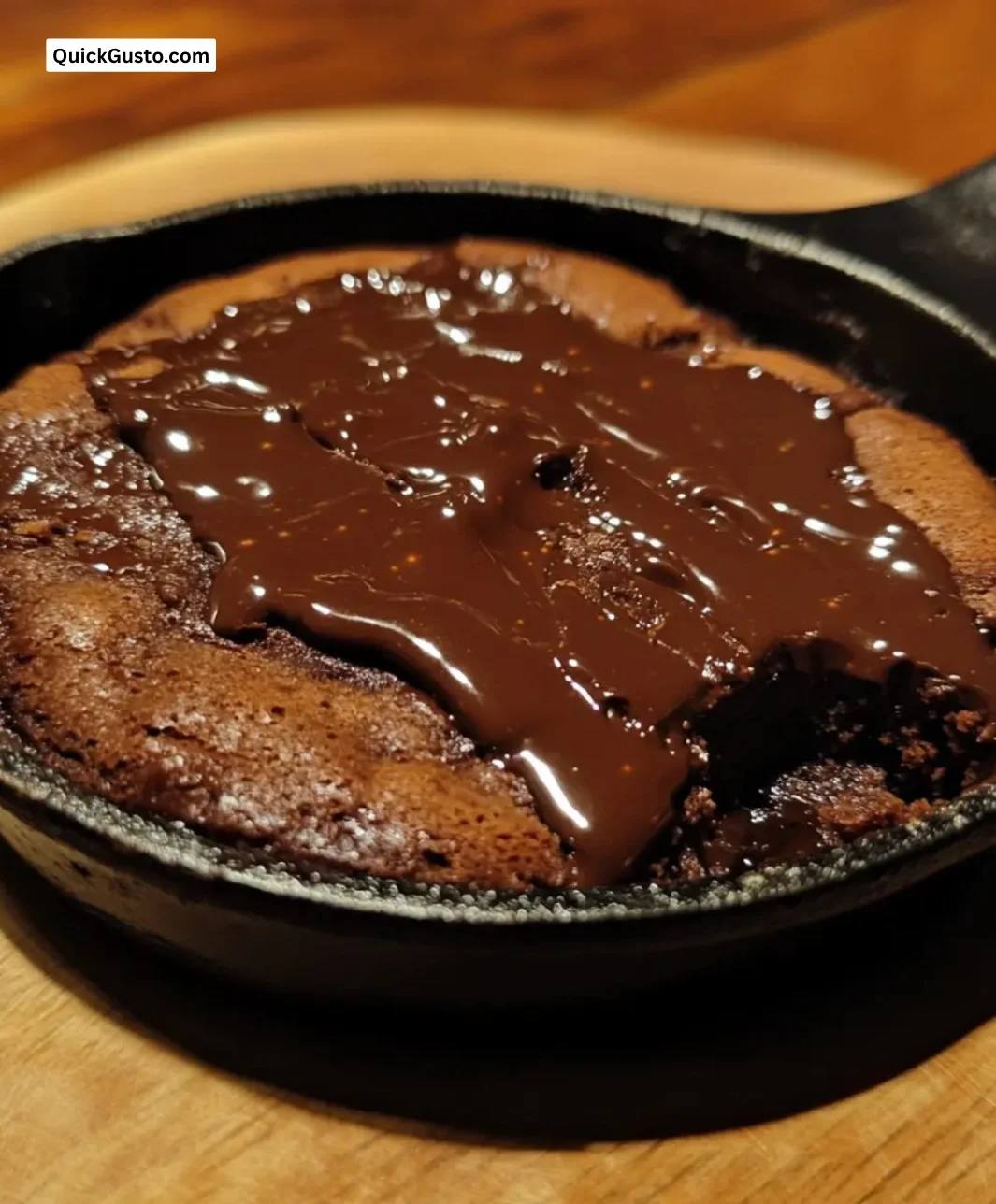 Indulgent molten chocolate skillet cake dripping with rich chocolate.