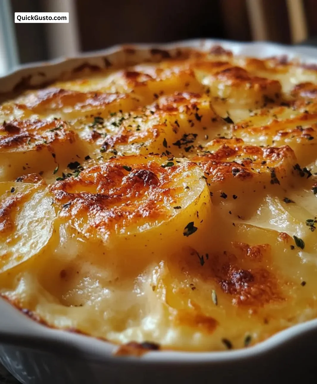 Creamy potato au gratin baked to perfection with layers of cheese and potatoes