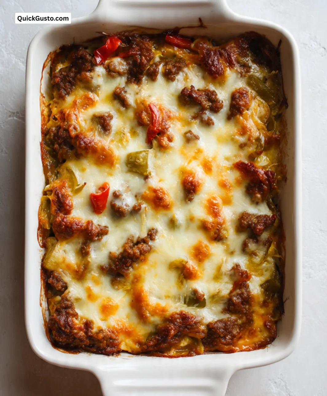 Delicious John Wayne Casserole served in a colorful dish, showcasing its hearty ingredients.