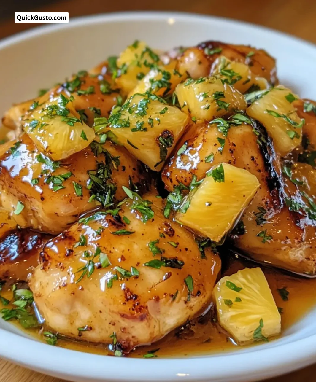 Delicious brown sugar pineapple glazed chicken on a plate with fresh herbs