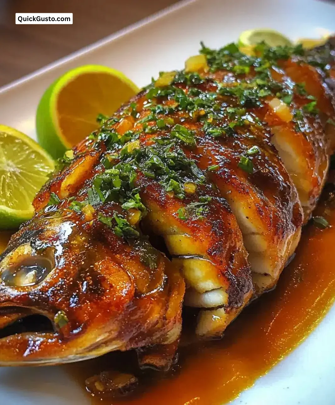 Juicy whole snapper glazed with citrus-miso sauce, served beautifully plated.