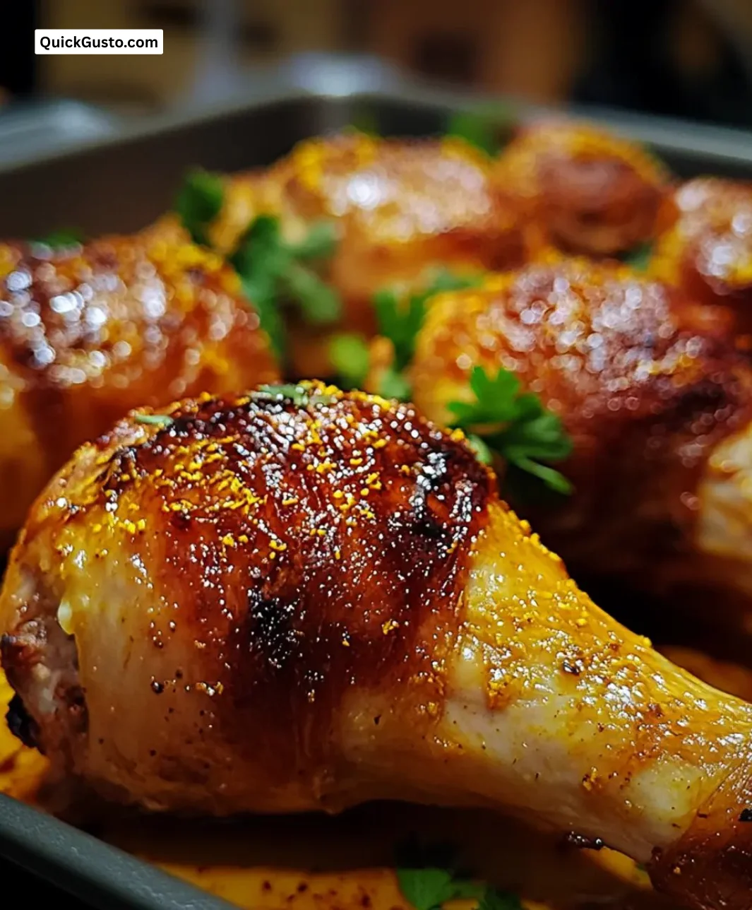 Juicy saffron orange roasted turkey legs served on a festive table