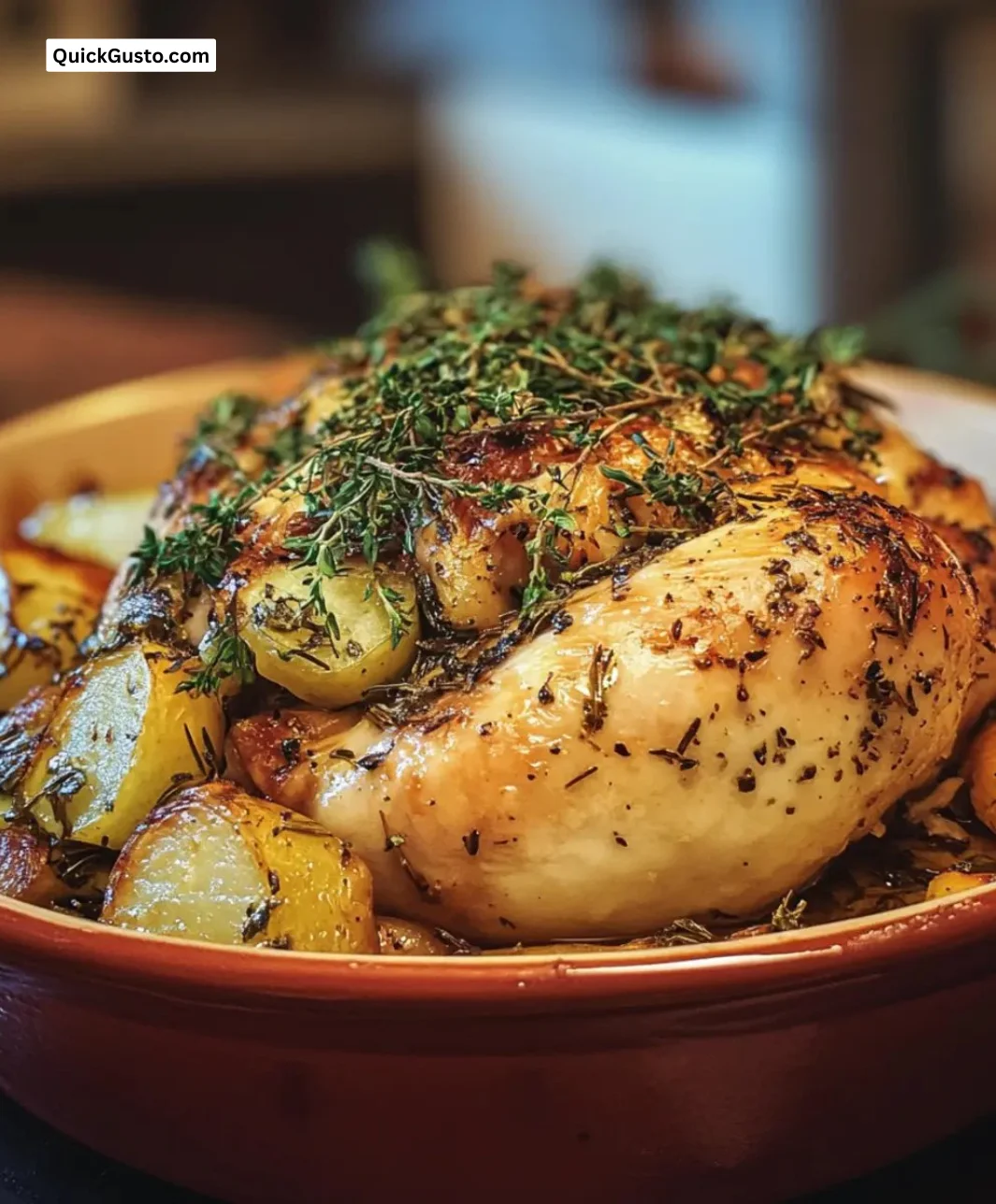 Succulent Tuscan Herb Chicken Roast garnished with fresh herbs and spices.
