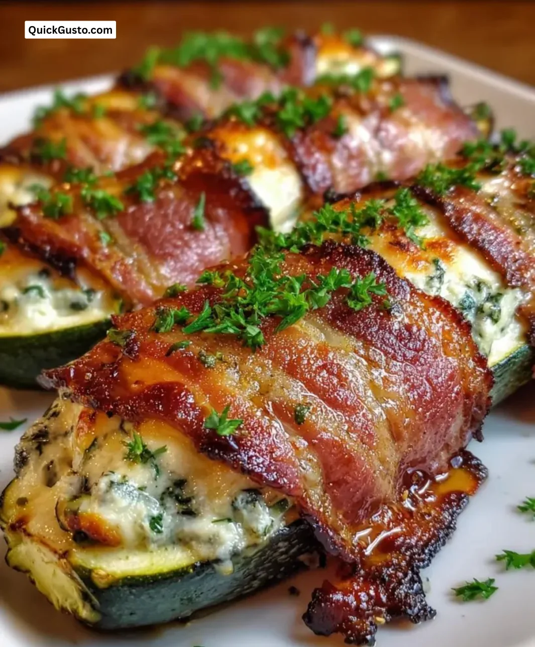 Keto bacon-wrapped zucchini boats baked to perfection