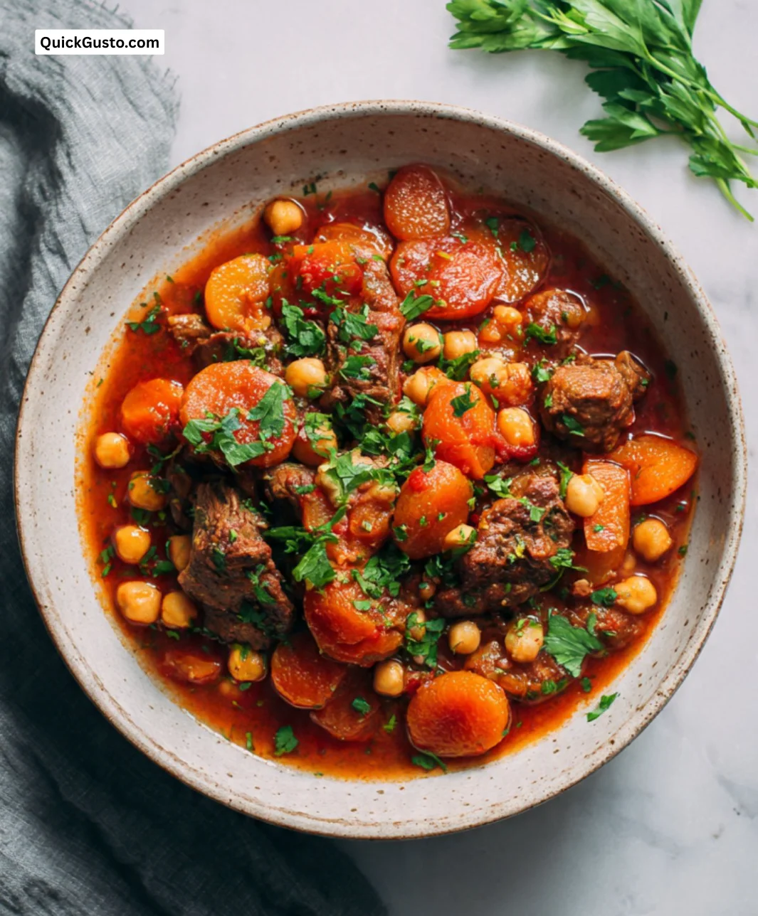 Delicious lamb and apricot stew served in a rustic bowl
