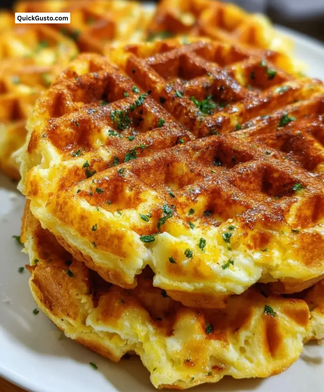 Low carb waffle egg dish topped with fresh herbs and served on a plate