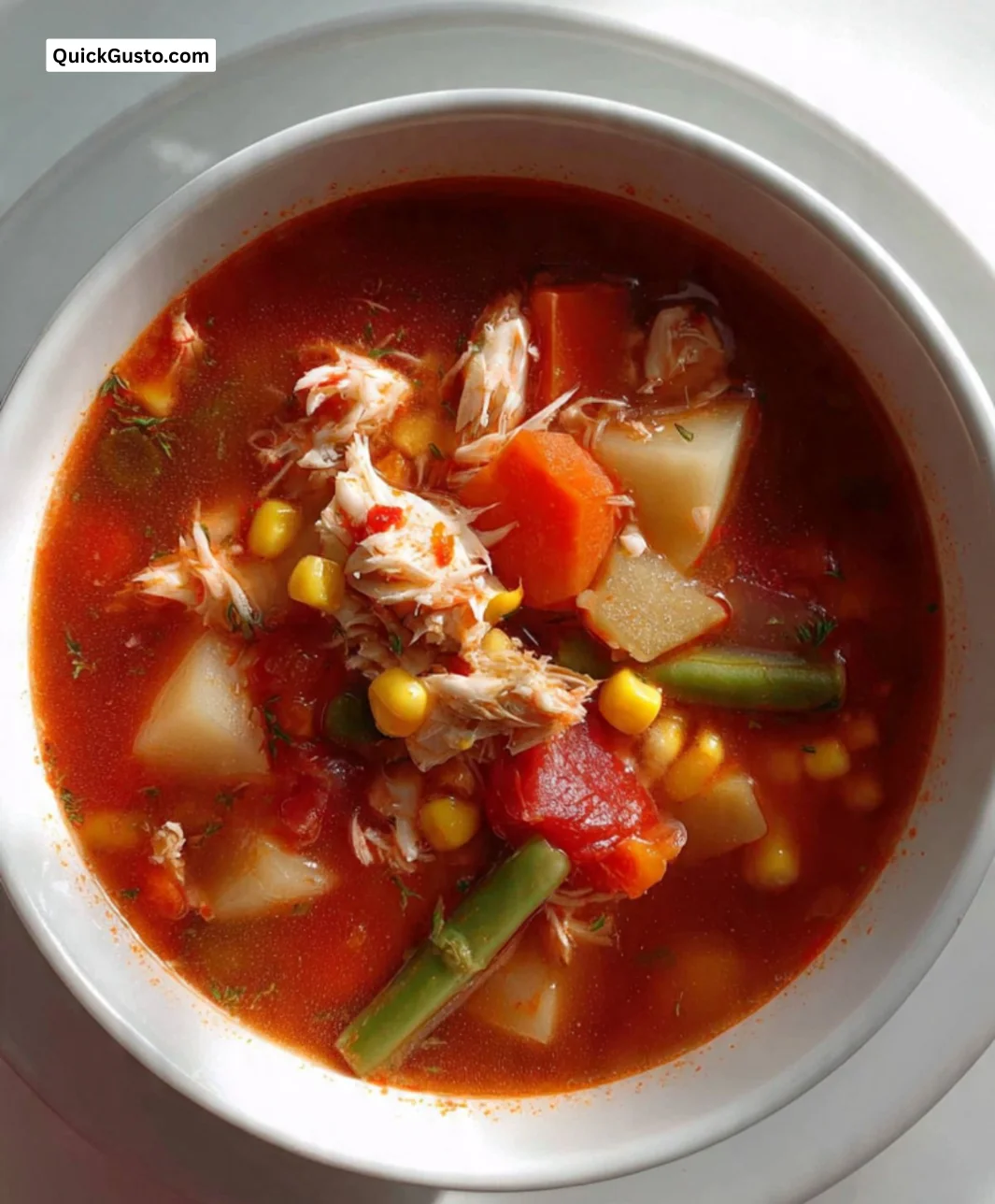 Bowl of traditional Maryland crab soup topped with fresh herbs and crab meat