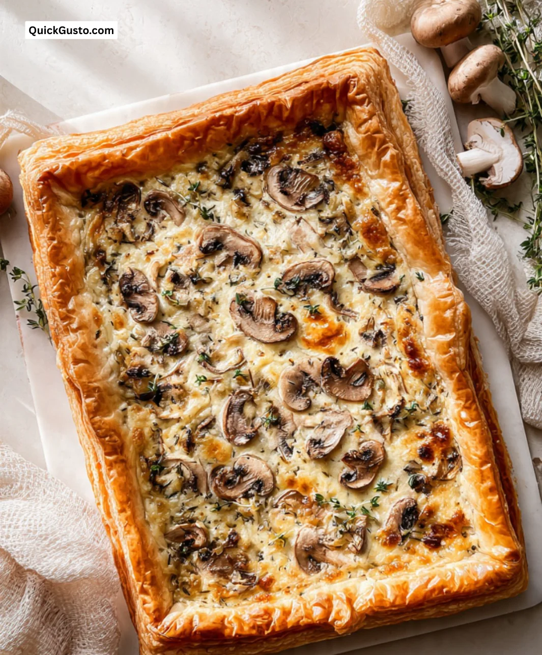 Delicious mushroom puff pastry tarts garnished and ready to serve