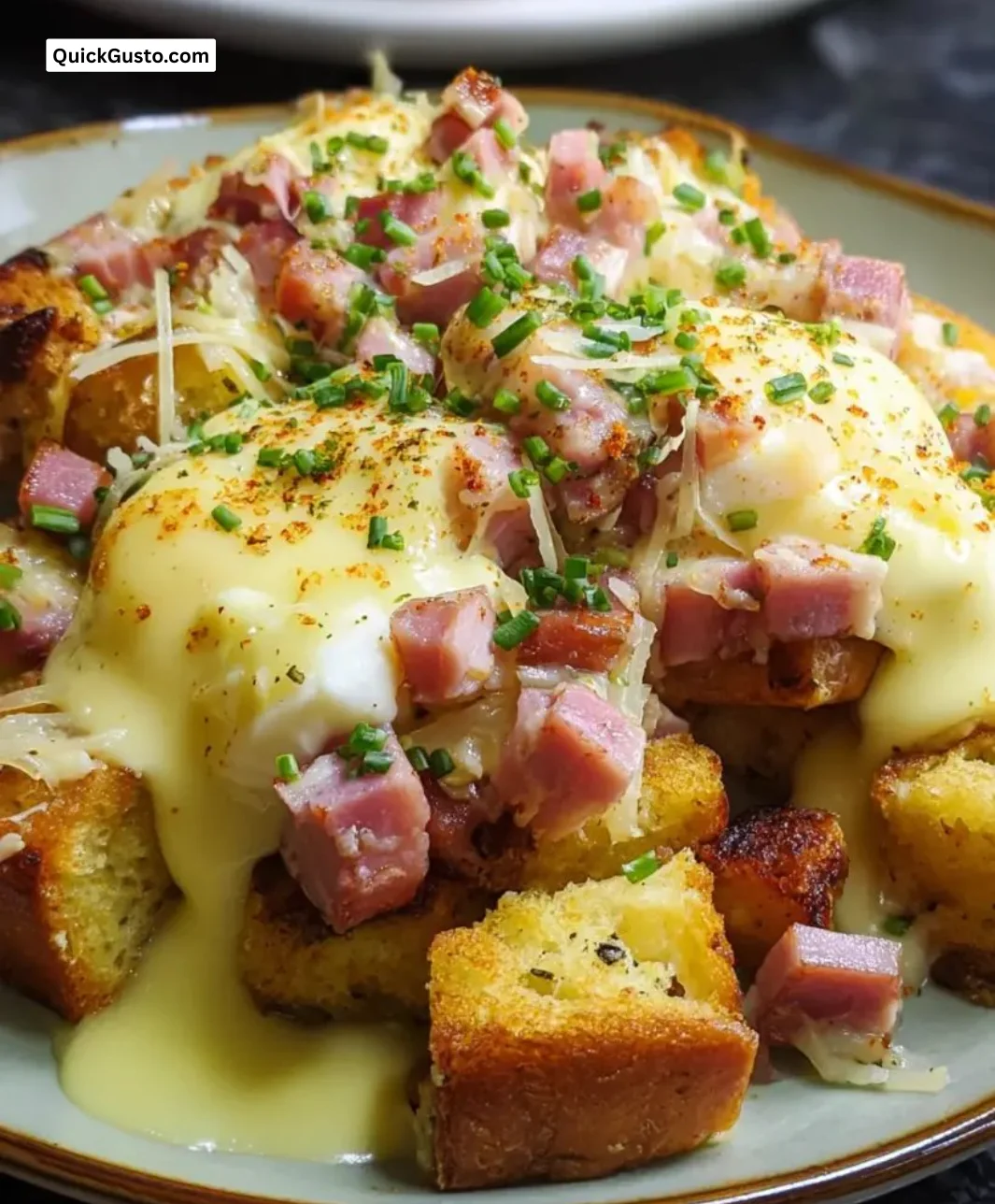 Delicious Overnight Eggs Benedict Casserole ready to serve for brunch