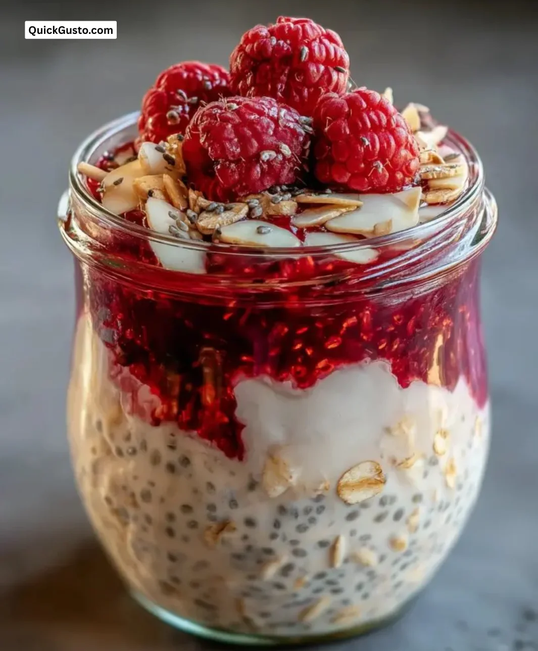 Healthy overnight oats with raspberry chia in a bowl