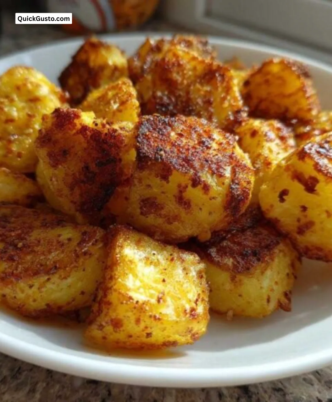 Bowl of perfectly cooked crispy breakfast potatoes served with herbs.