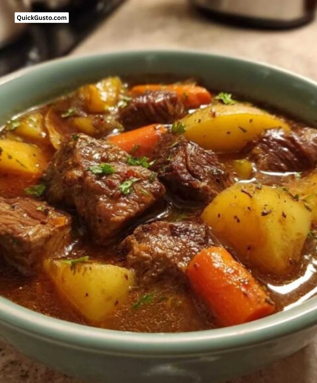 A bowl of hearty pork stew with vegetables and herbs.