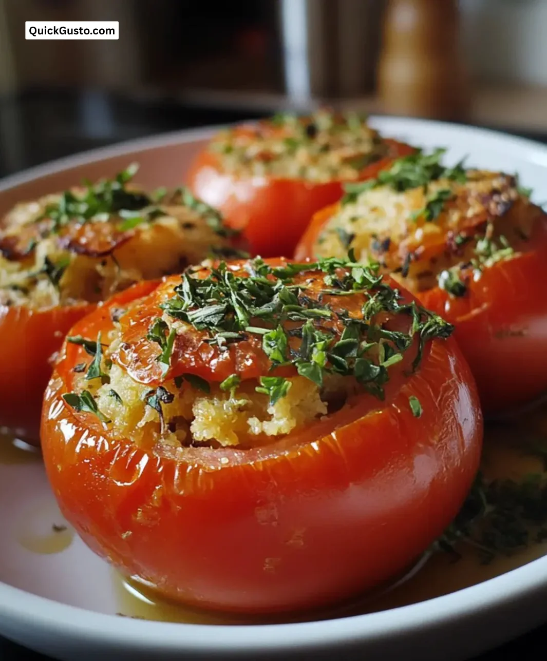 Provençal stuffed tomatoes filled with a savory mixture of herbs and spices.