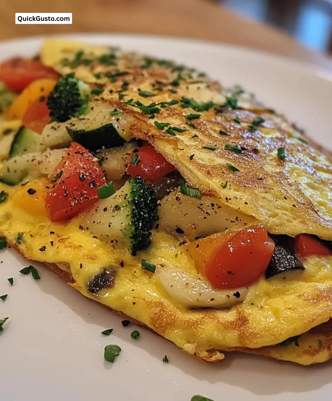 Delicious quick cheese veggie omelet with colorful vegetables and melted cheese.