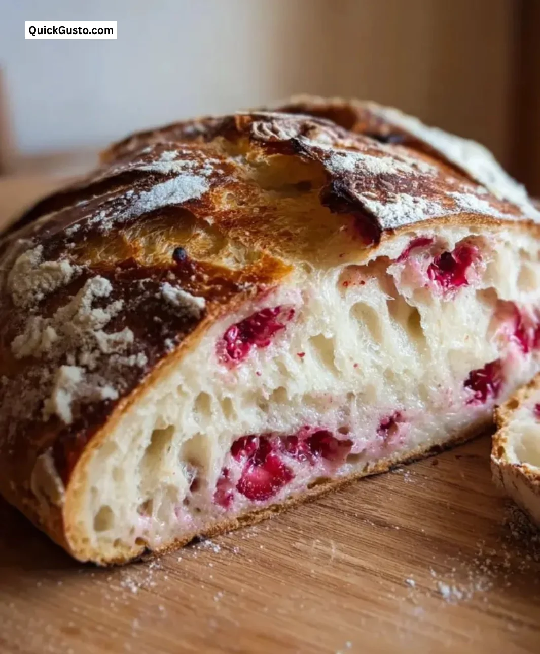 A slice of Raspberry Cheesecake Sourdough Bread topped with fresh raspberries.
