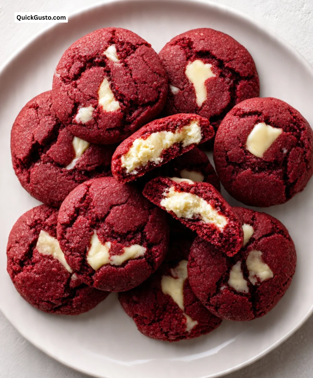 Plate of Red Velvet Cheesecake Cookies with cream cheese frosting