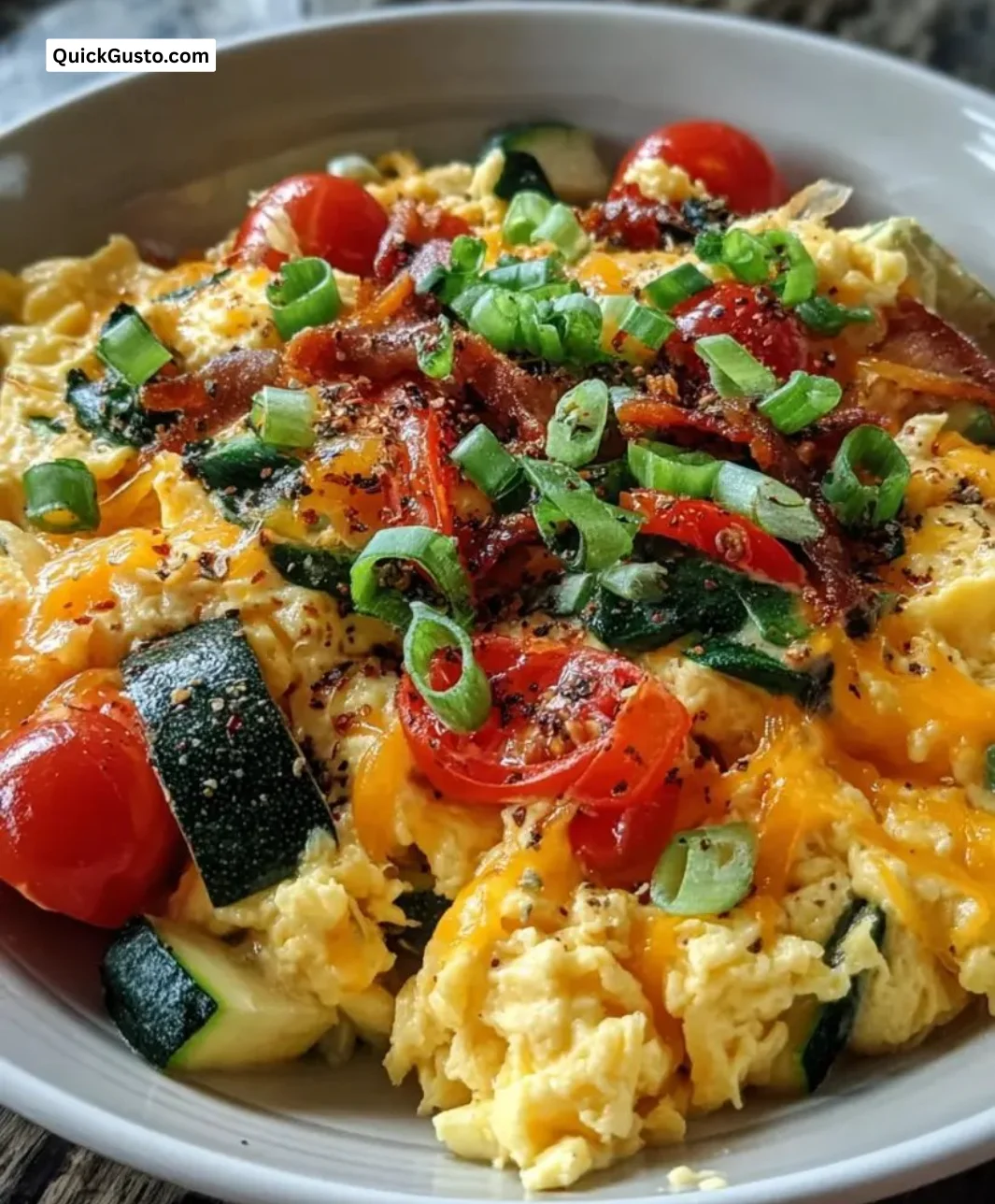 Scrambled egg and veggie bowl served in a vibrant, healthy dish.