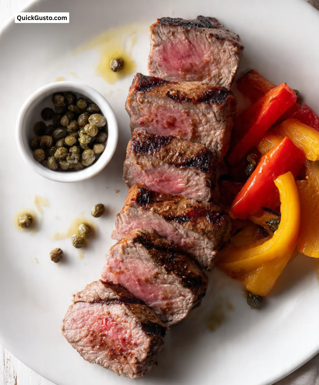 Plate of seared beef with grilled peppers and caper berries garnished elegantly.